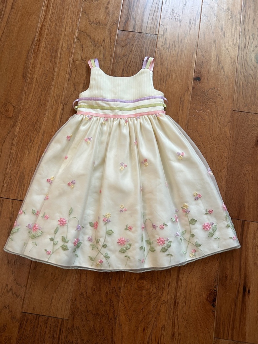 Cinderella Cream Floral Embroidered Party Dress with Pink & Green Accents